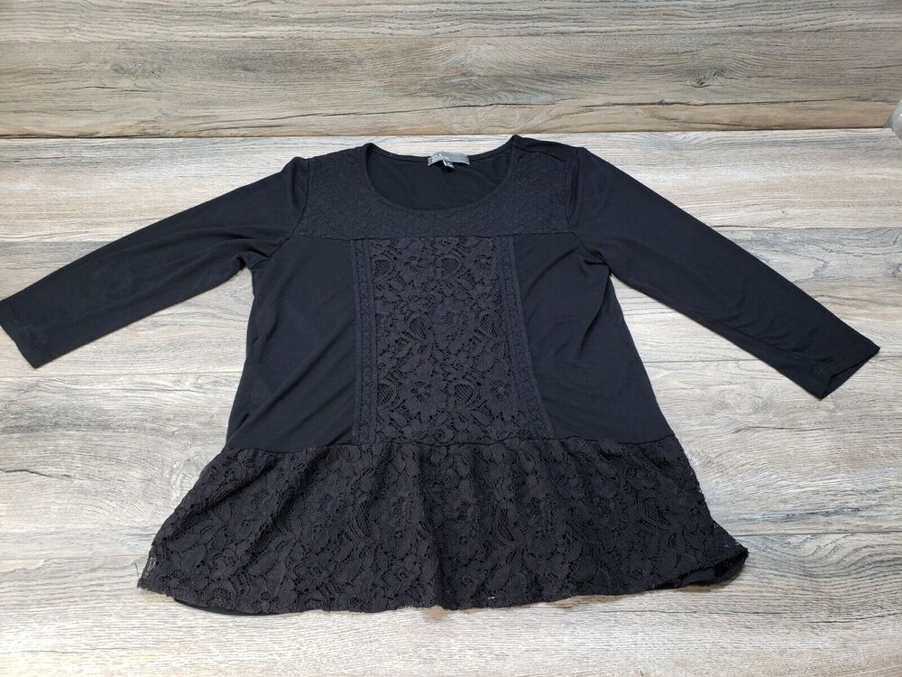 89th & Madison 3/4 Sleeve Front Lace Black Blouse Women's Size Medium